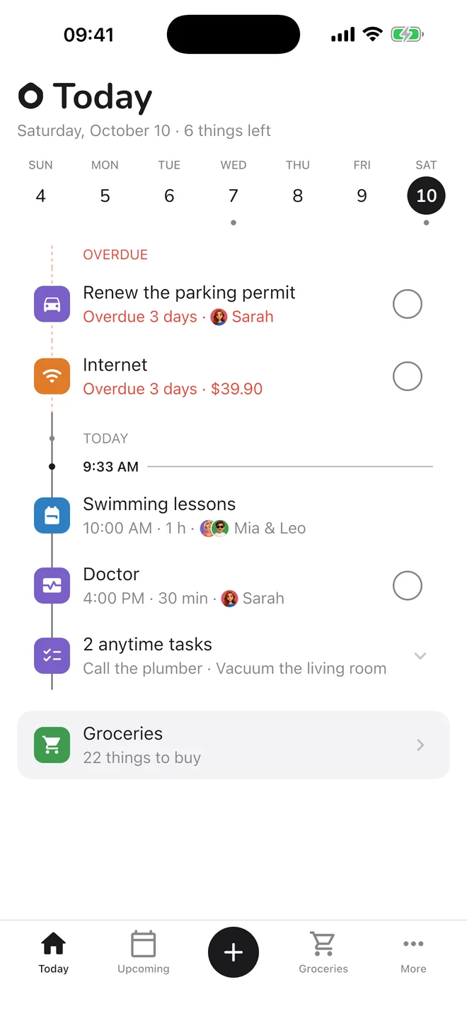 Ourmio's Today screen: overdue bills, swimming lessons at 10, the doctor at 4, and the shopping list.